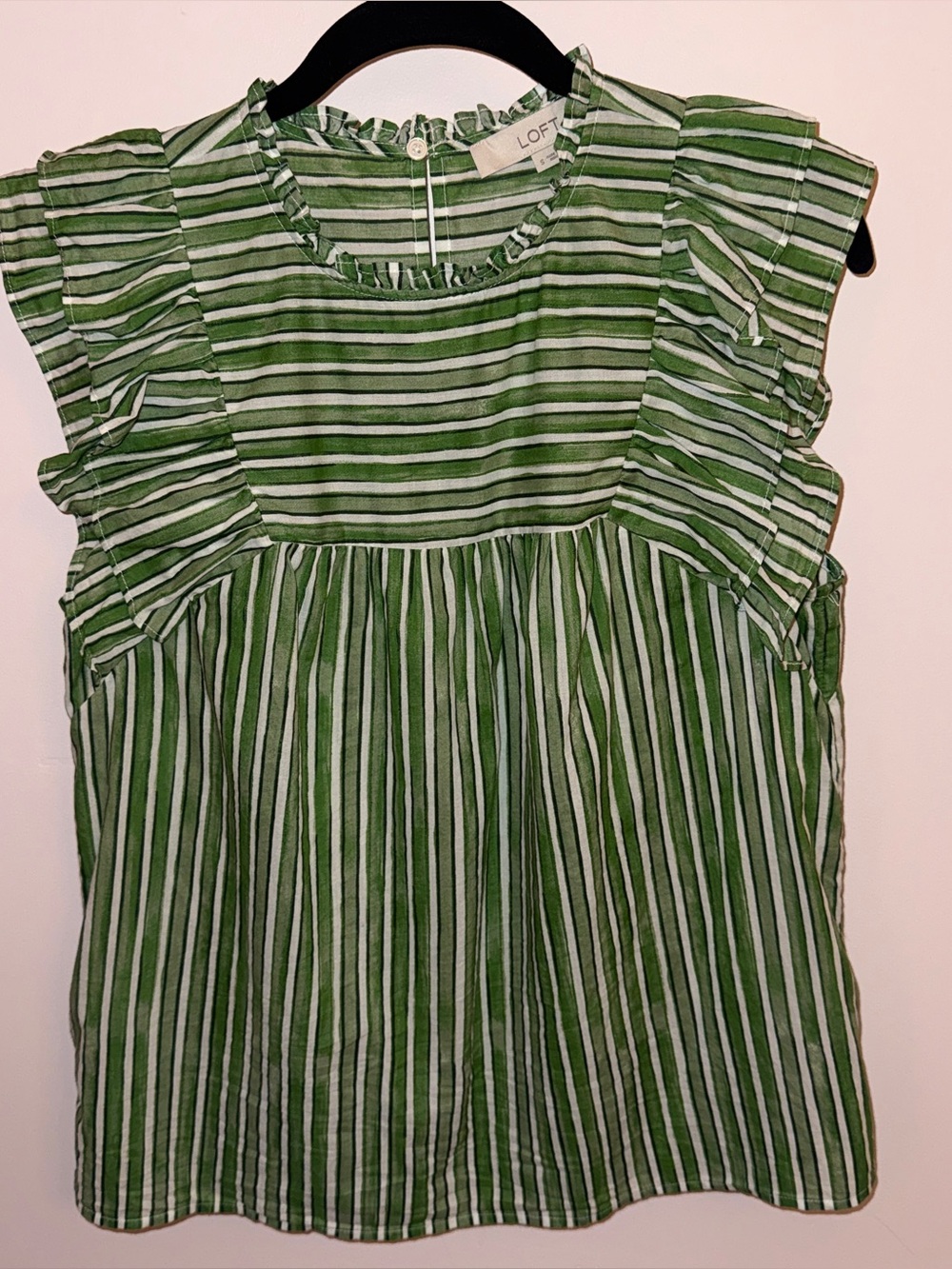 LOFT Green Striped Ruffle Sleeve Women’s Top sz. Small